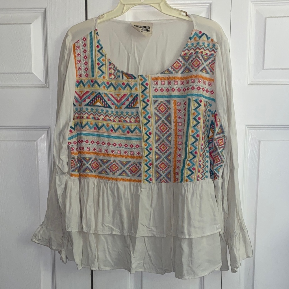 Savanna Jane White Tunic with Multicolor Embroidered Panel